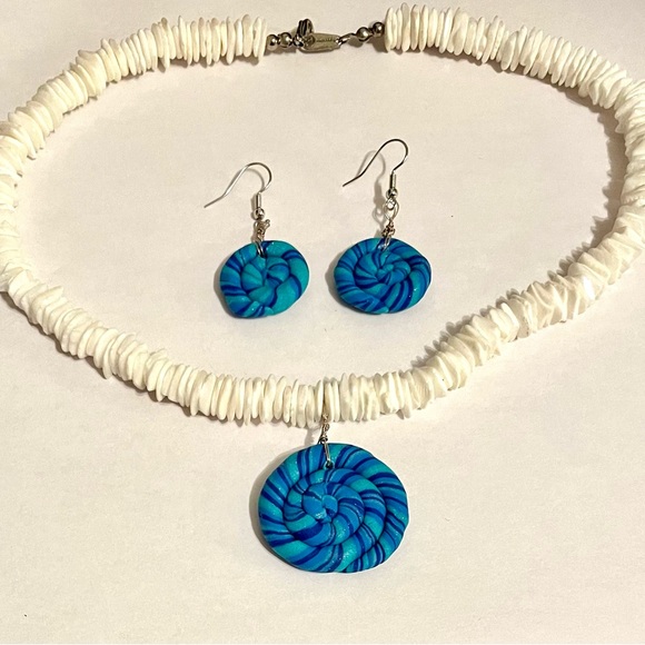 Handcrafted Clay Necklace and Earrings Blue Spiral Design One of a Kind - Picture 2 of 8